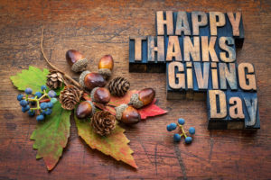 Happy Thanksgiving Day - text in vintage letterpress wood type with fall decoration (acorns, cones, leaf and vine berries) against rustic wood